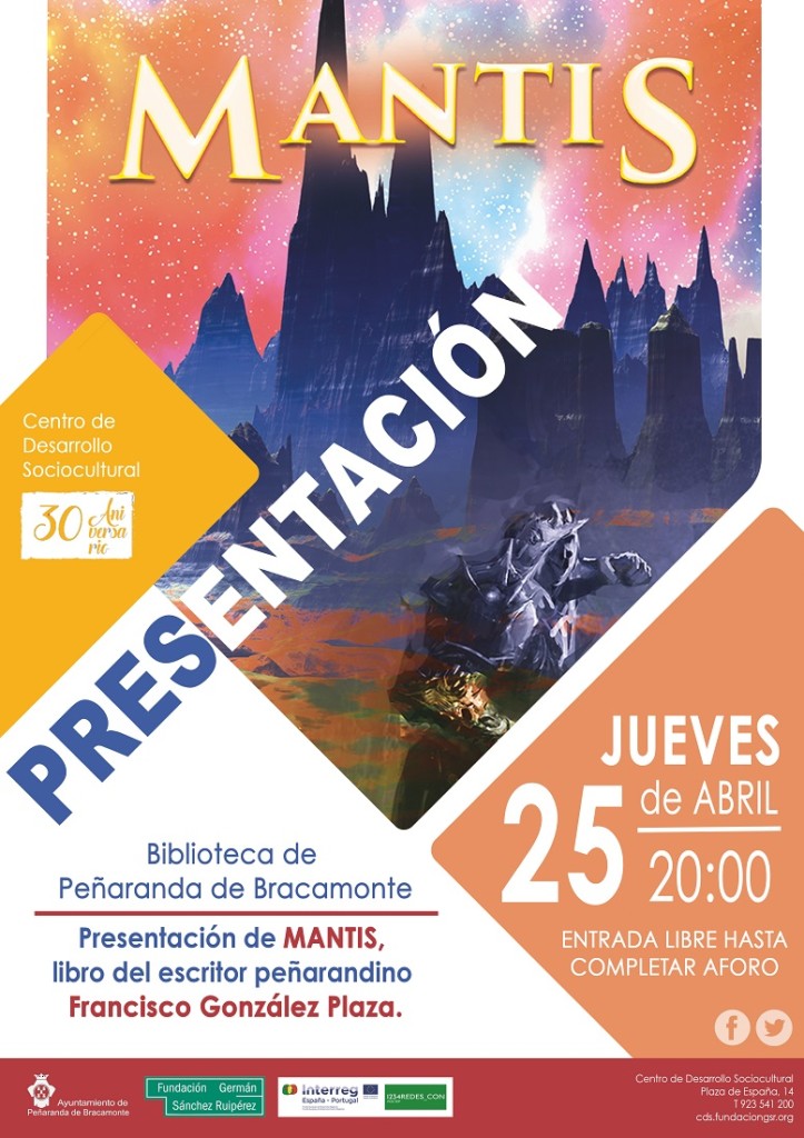 Cartel presentación de Mantis en la biblioteca de Peñaranda 25 abril 19